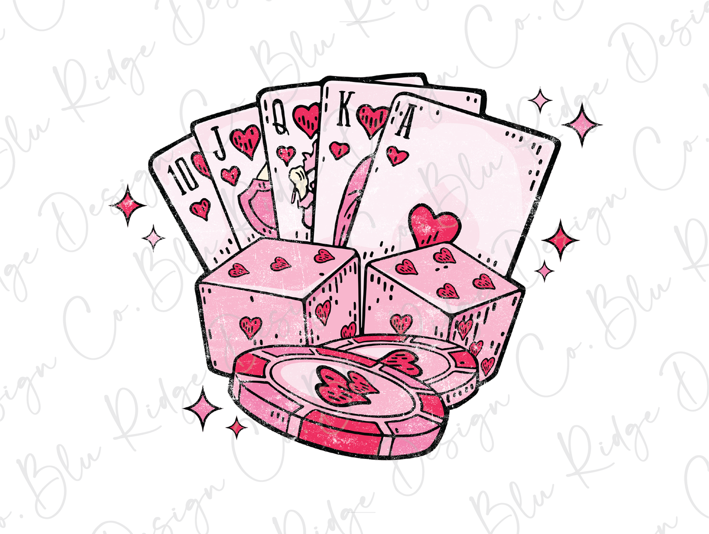Feeling Lucky Valentines Day Royal Flush Pink Poker Chips and Dice Matching Pocket Direct to Film (DTF) Transfer