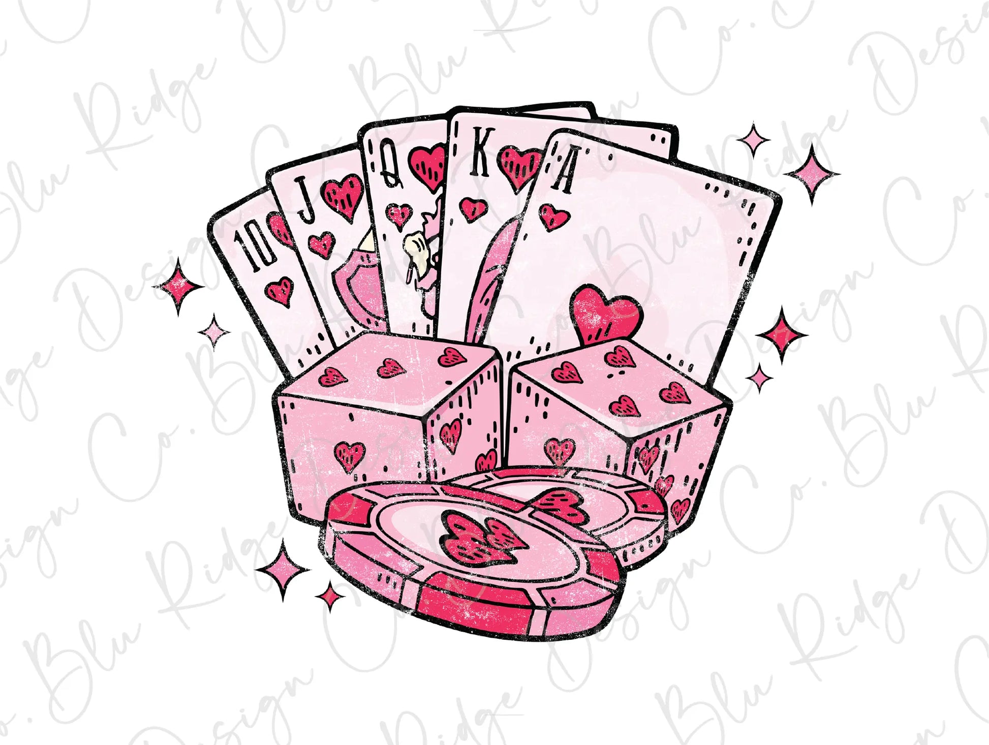 Feeling Lucky Valentines Day Royal Flush Pink Poker Chips and Dice Matching Pocket Direct to Film (DTF) Transfer BluRidgeDesignCo