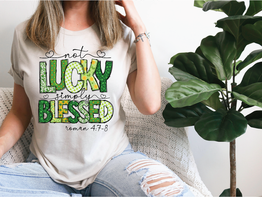 a woman sitting on a couch wearing a t - shirt that says, not lucky