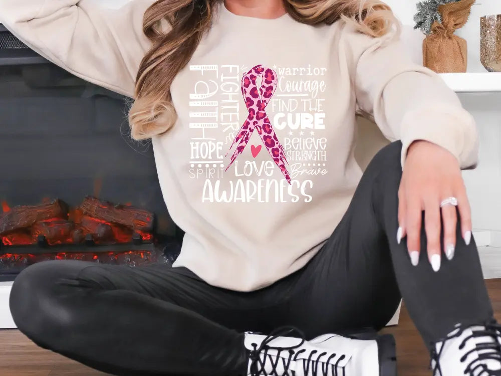 Breast Cancer Awareness Pink Cheetah Ribbon White Inspiration Quotes Fighter Warrior Cure Direct to Film (DTF) Transfer BluRidgeDesignCo