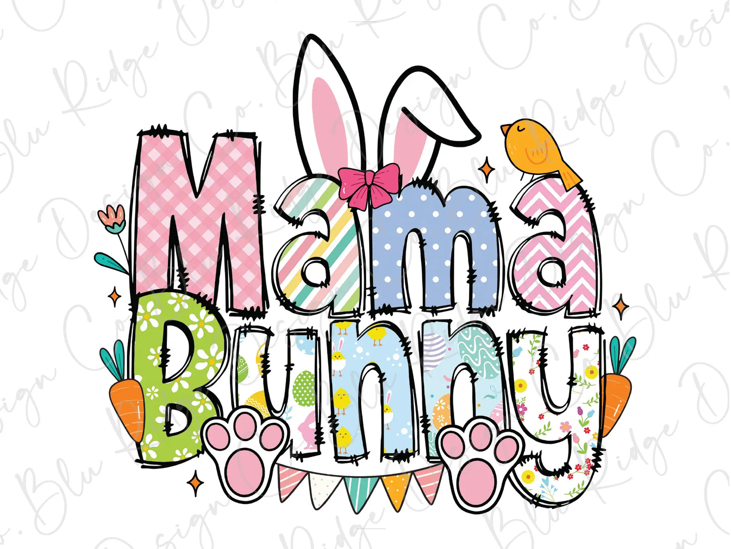 the word mama bunny with an image of a bunny and a bird