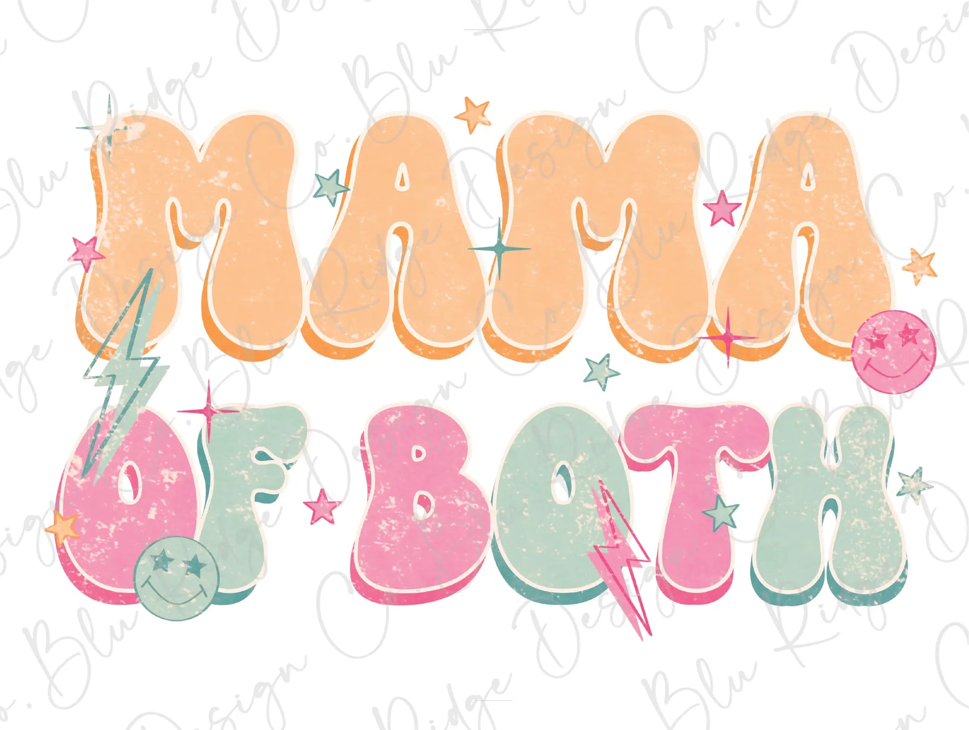 Mama of Both Retro Colorful Lightning Bolt, Stars Stacked Direct To Film (DTF) Transfer BluRidgeDesignCo