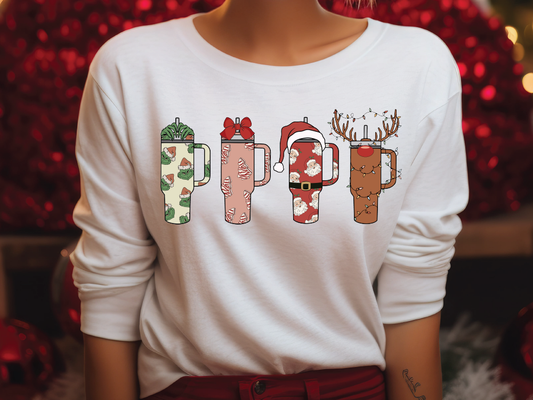 a woman wearing a white shirt with christmas decorations on it