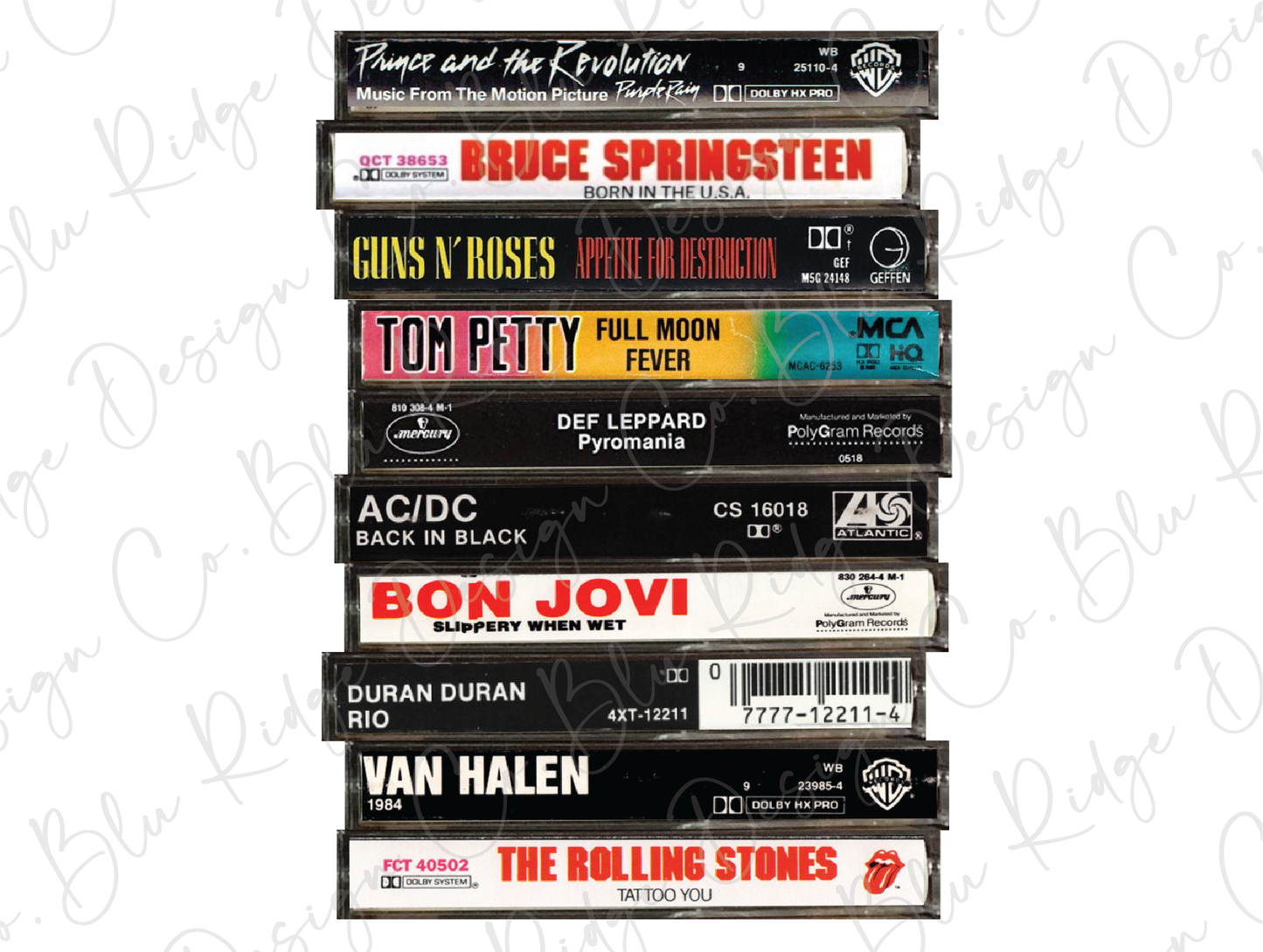 80's Rock Music Retro Stacked Cassette Tapes Direct To Film (DTF) Transfer