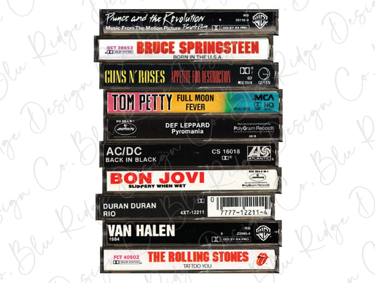 80's Rock Music Retro Stacked Cassette Tapes Direct To Film (DTF) Transfer BluRidgeDesignCo