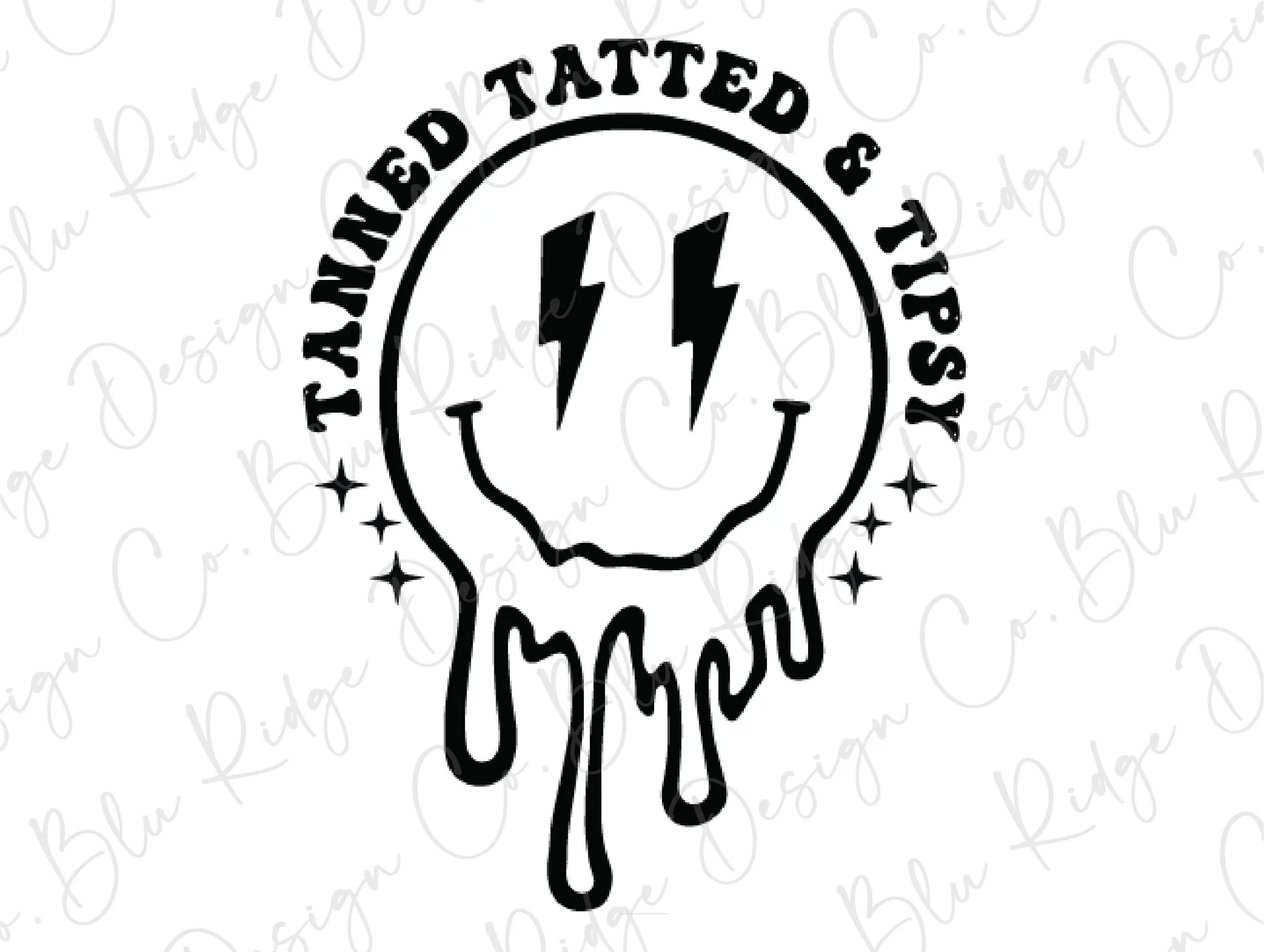 Tanned Tatted & Tipsy Lightning Bolt Melted Smiley Face Direct to Film (DTF) Transfer BluRidgeDesignCo