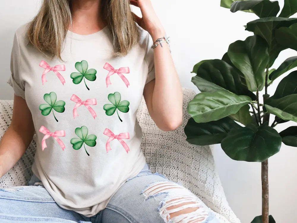 a woman sitting on a couch wearing a st patrick's day shirt