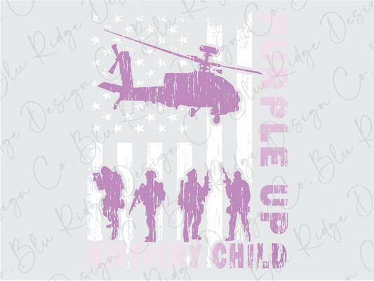 Purple Up Military Child Month with Flag, Service Members, and an Apache Pictured. Direct to Film (DTF) Transfer