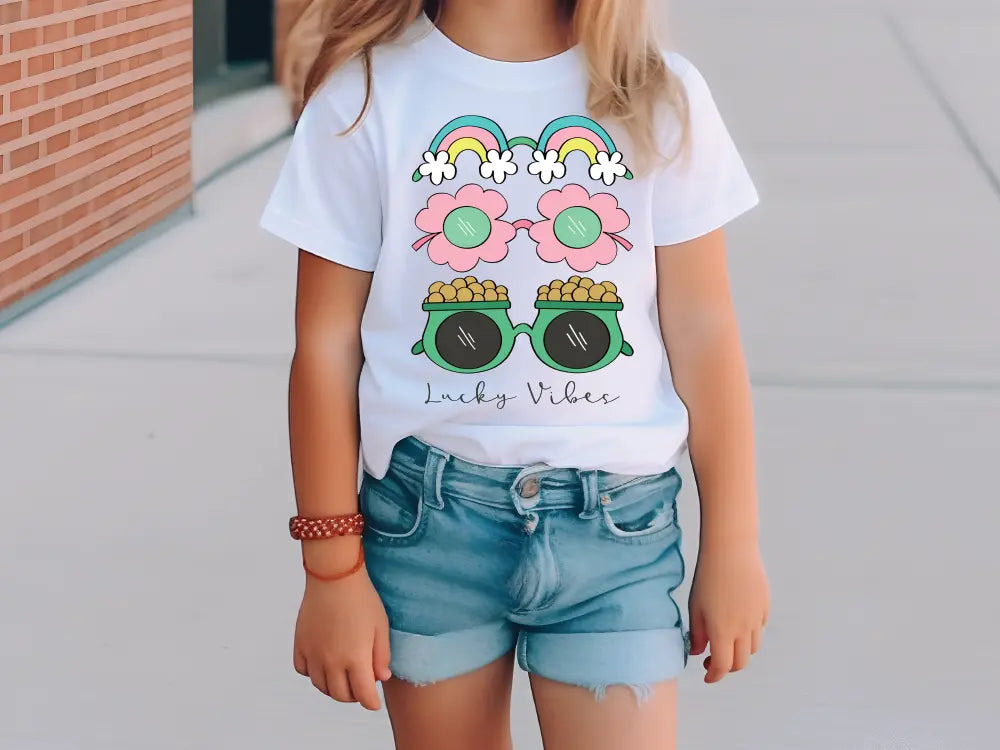 a little girl wearing a t - shirt with sunglasses on it