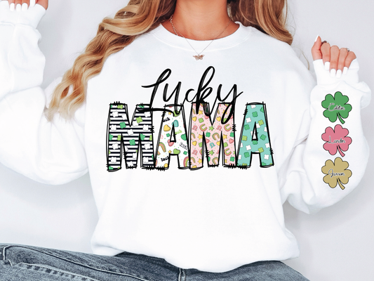 a woman wearing a white shirt that says lucky mama
