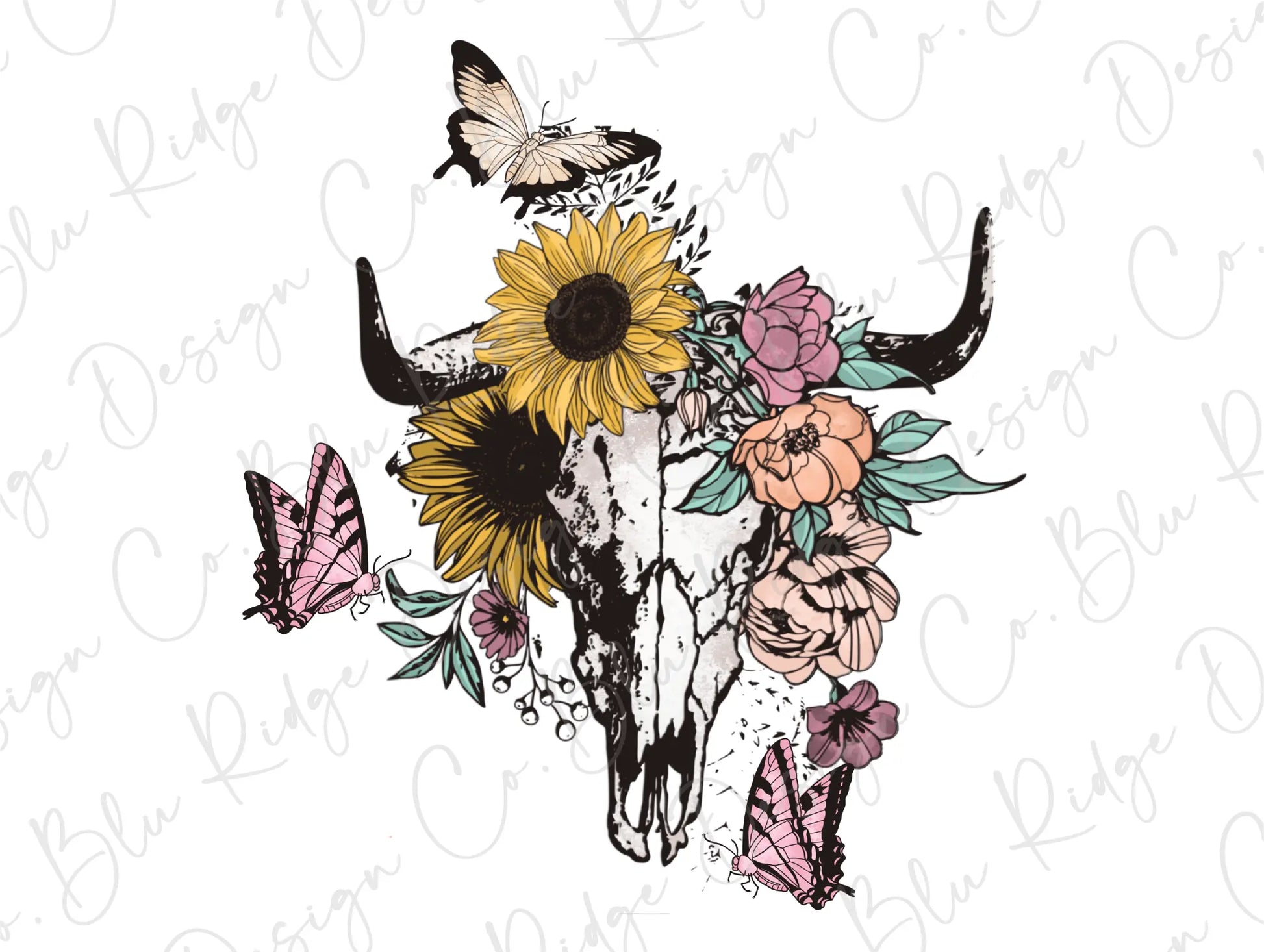 Flower Bull Skull She Wears Her Heart On Her Sleeve Beautiful Crazy Country Music Direct To Film (DTF) Transfer BluRidgeDesignCo