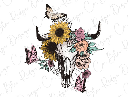 Flower Bull Skull She Wears Her Heart On Her Sleeve Beautiful Crazy Country Music Direct To Film (DTF) Transfer BluRidgeDesignCo