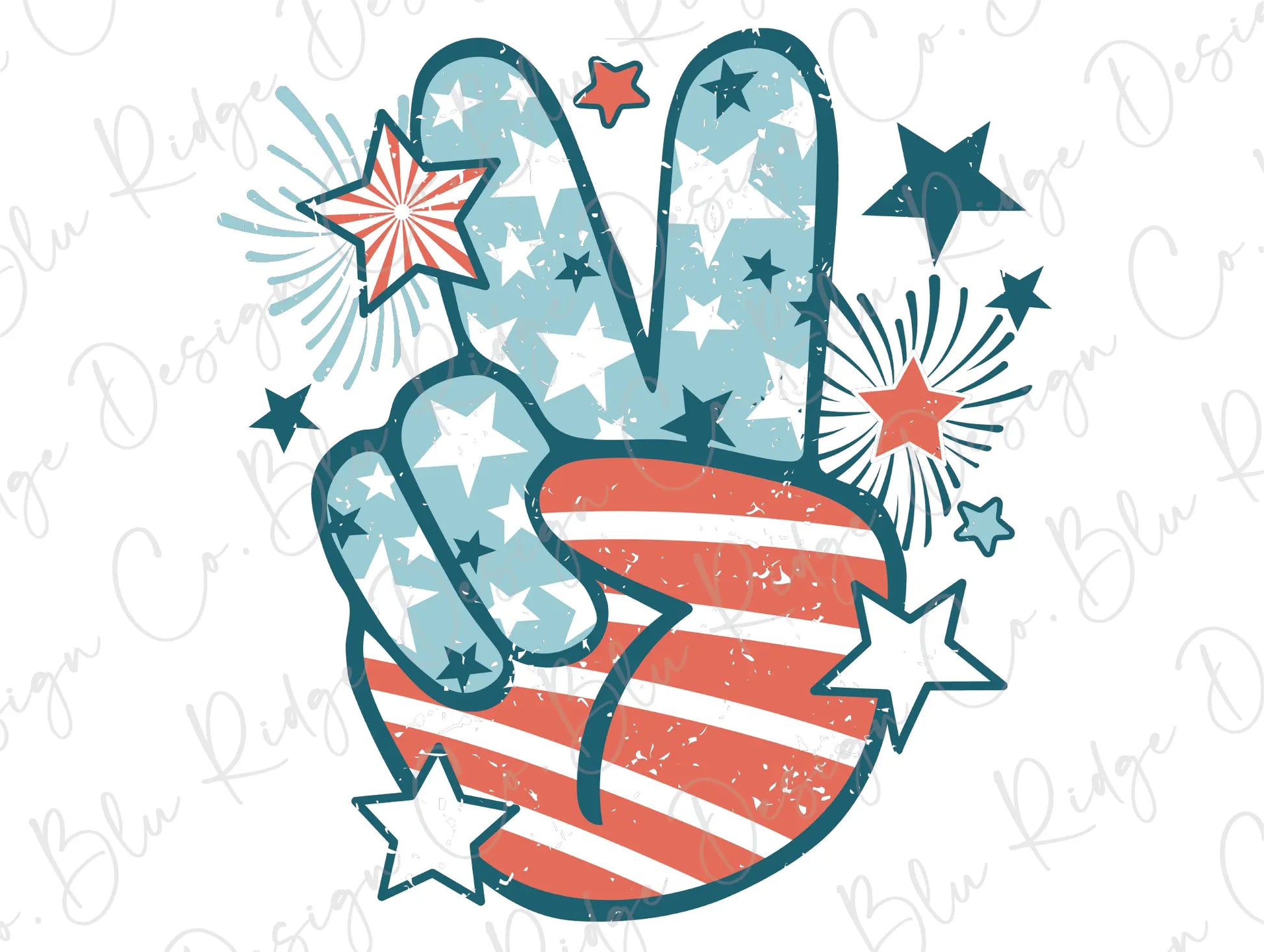 Groovy 4th of July Peace hand sign Direct To film (DTF) Transfer BluRidgeDesignCo