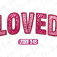 the word loved in pink glitter on a white background