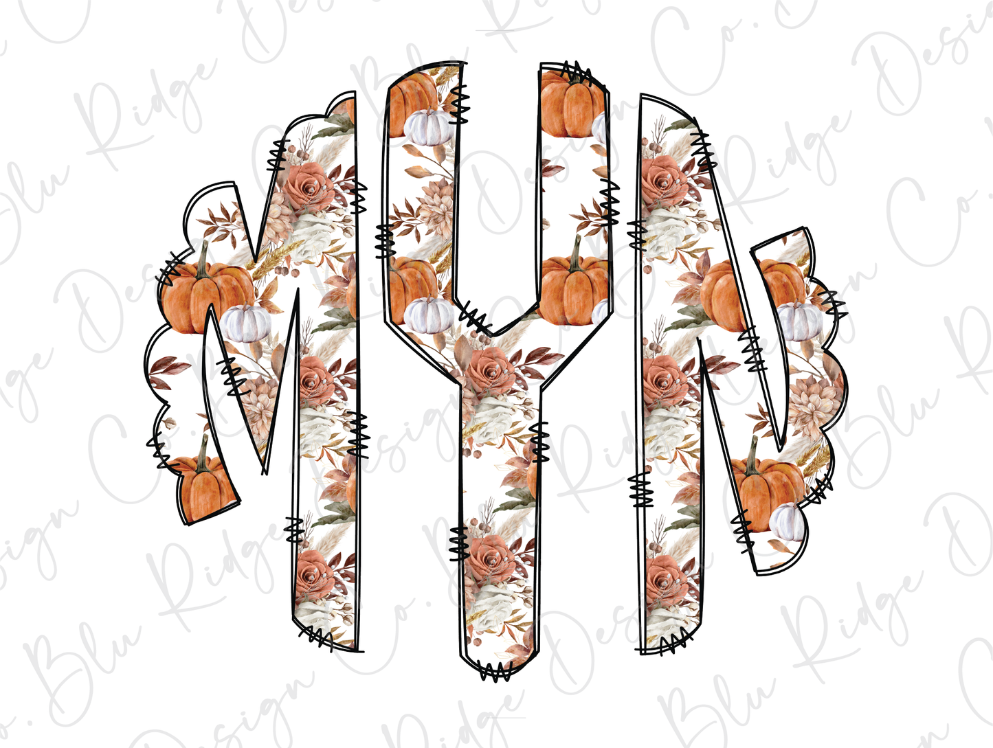 Floral Fall Pumpkins Personalized Monogram Design Direct To Film (DTF) Transfer