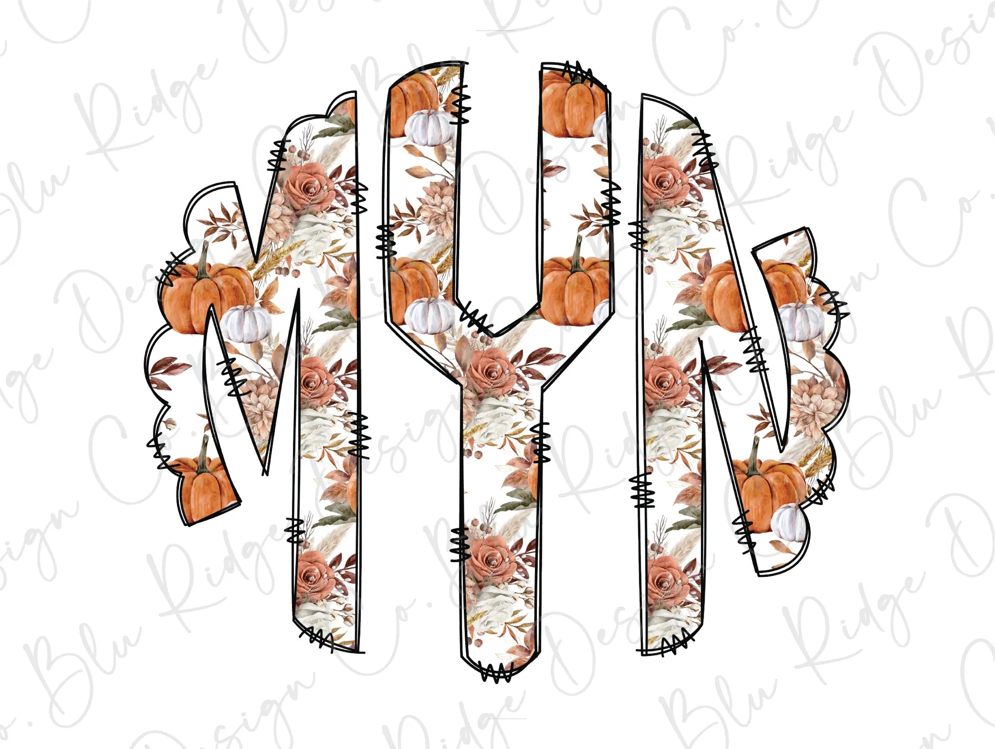 Floral Fall Pumpkins Personalized Monogram Design Direct To Film (DTF) Transfer BluRidgeDesignCo