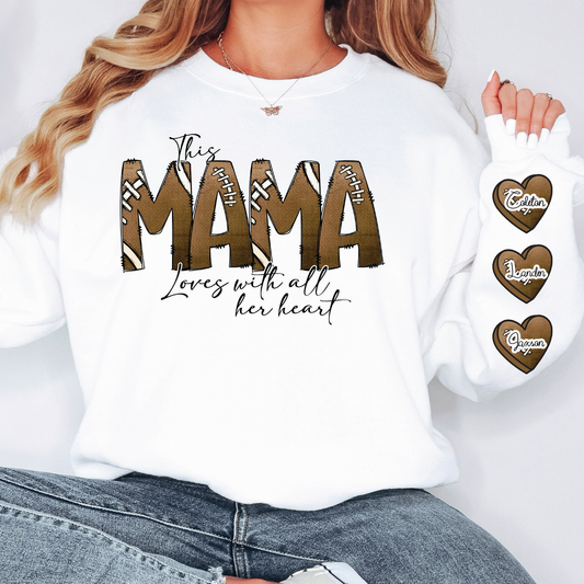 This Mama Loves with all Her Heart Personalized Football Hearts Design Direct To Film (DTF) Transfer