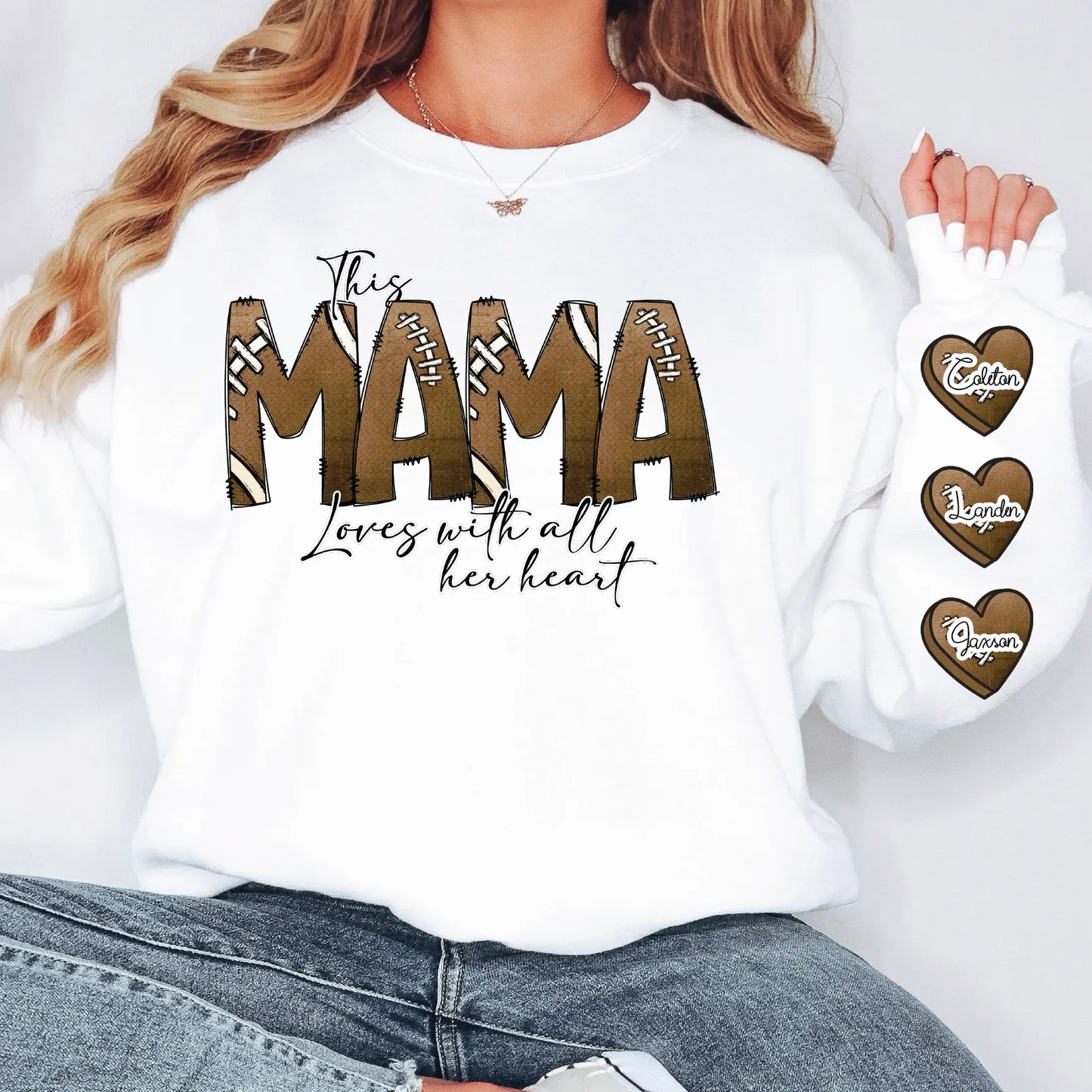 This Mama Loves with all Her Heart Personalized Football Hearts Design Direct To Film (DTF) Transfer BluRidgeDesignCo