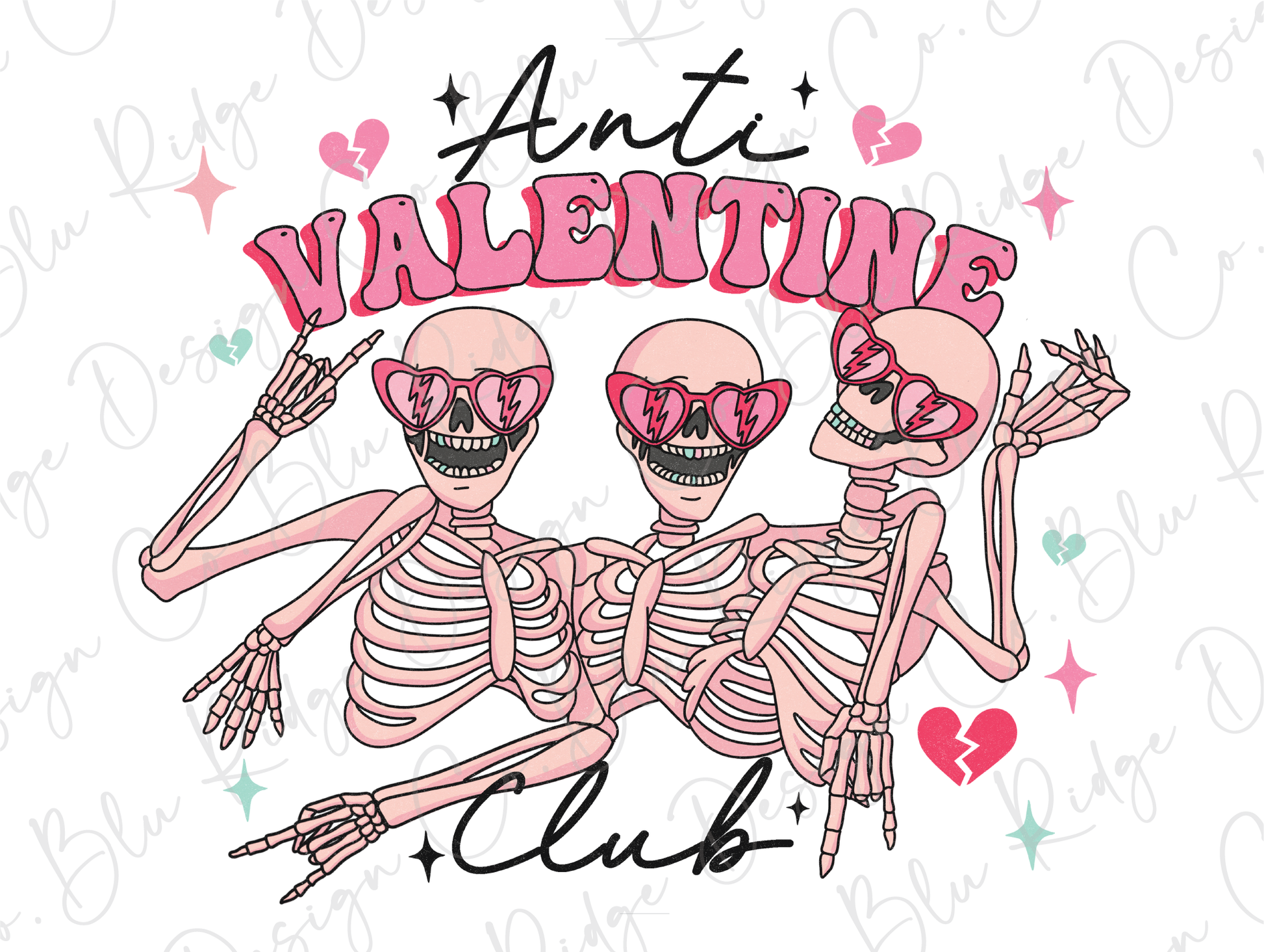 a couple of skeletons wearing sunglasses and the words anti valentine club