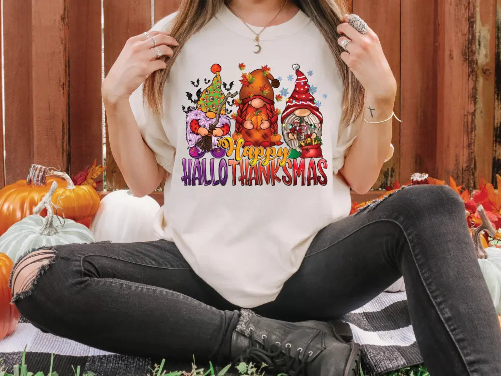 HappyHalloThanksMas Christmas Halloween Thanksgiving Gnomes Direct To Film (DTF) Transfer BluRidgeDesignCo