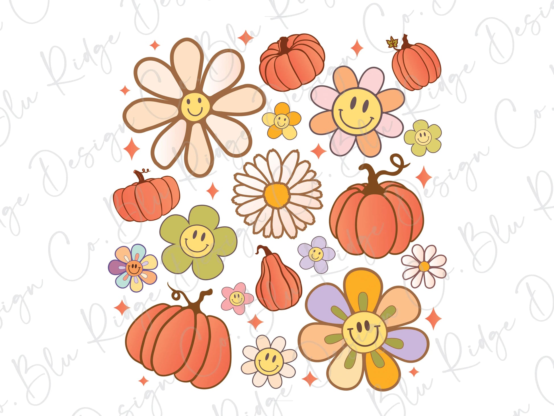 Pumpkins n Flowers Retro Direct to Film (DTF) Transfer BluRidgeDesignCo