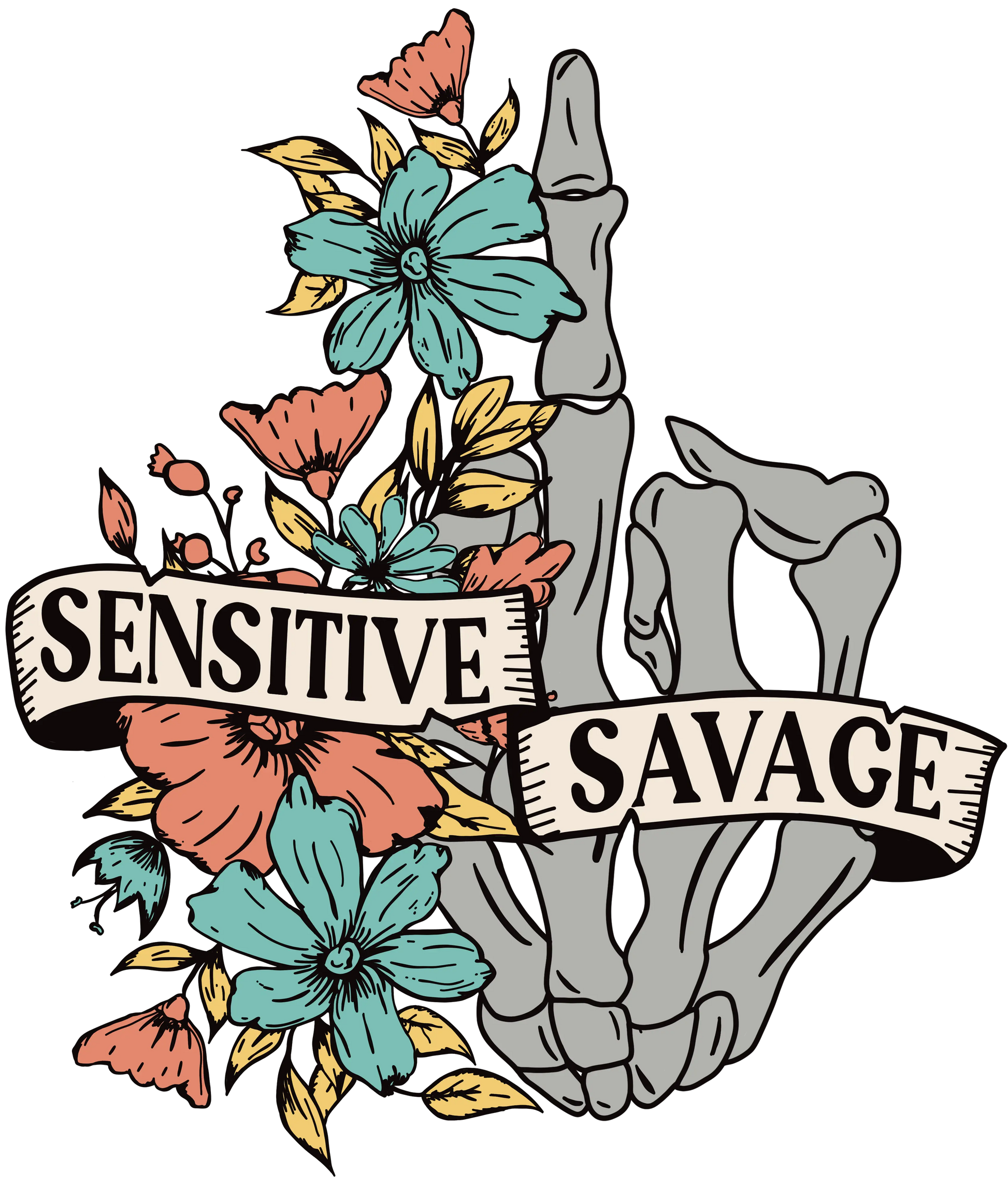 Sensitive Savage Skeleton Finger Flower Direct to Film (DTF) Transfer BluRidgeDesignCo