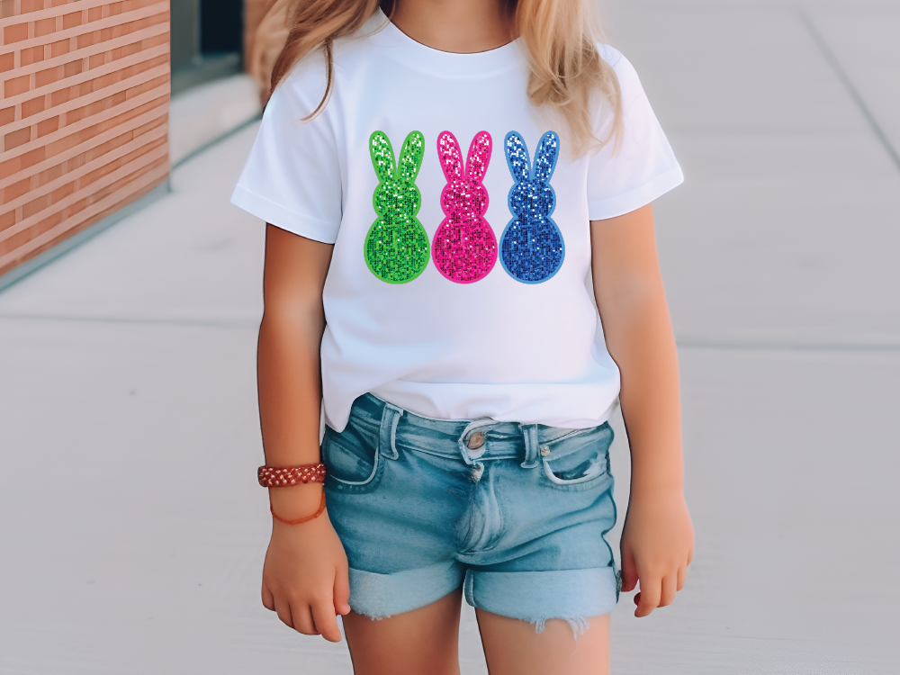 a little girl wearing a t - shirt with a pair of bunny ears on it