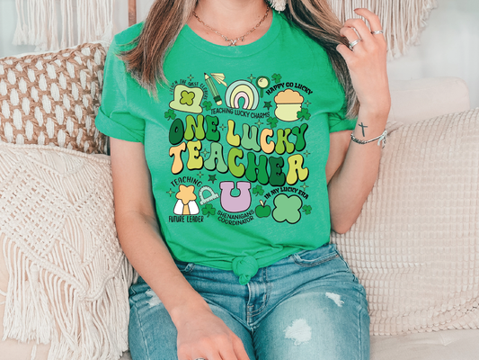 a woman sitting on a couch wearing a green shirt