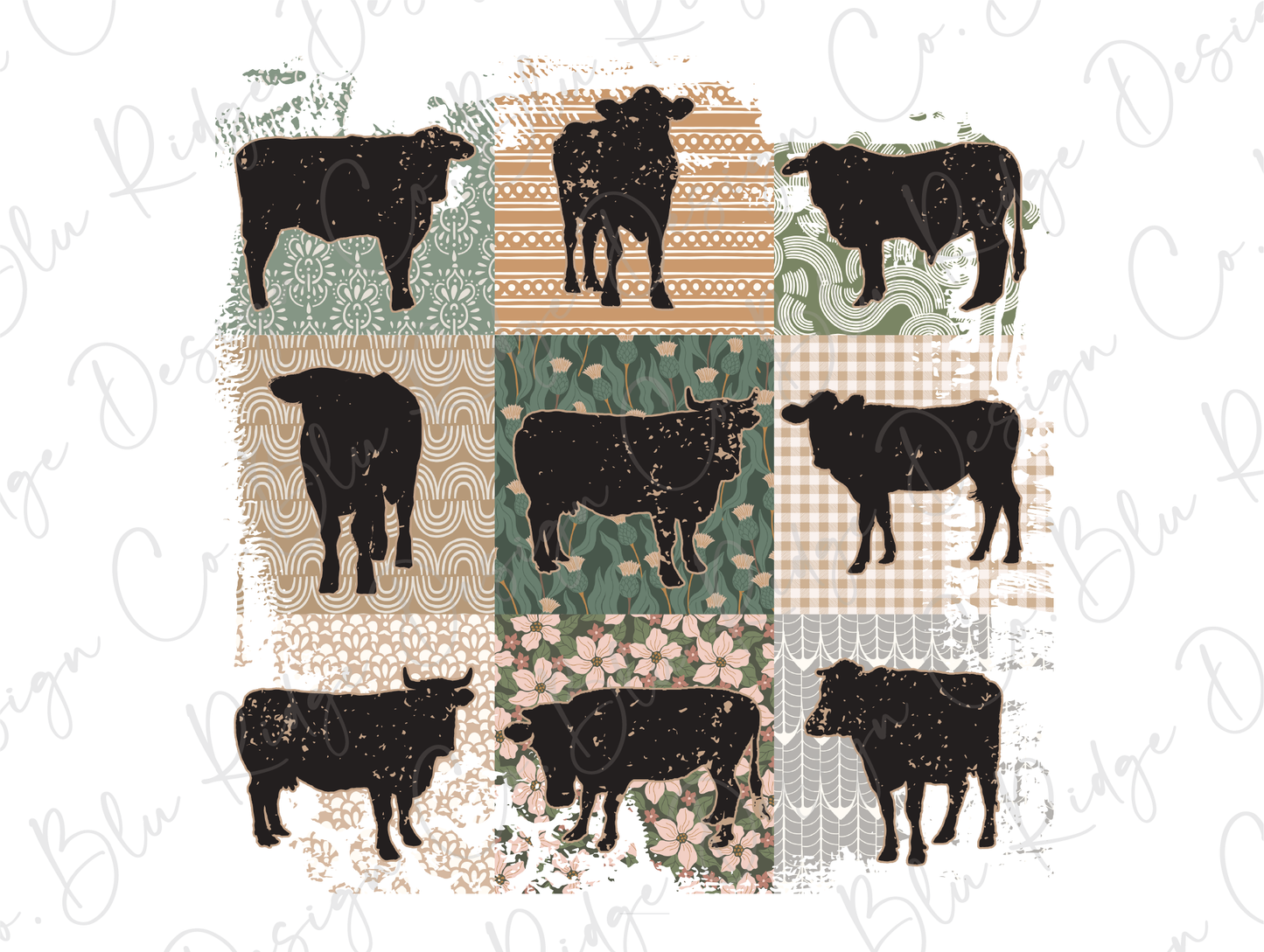 a picture of some cows in a patchwork pattern