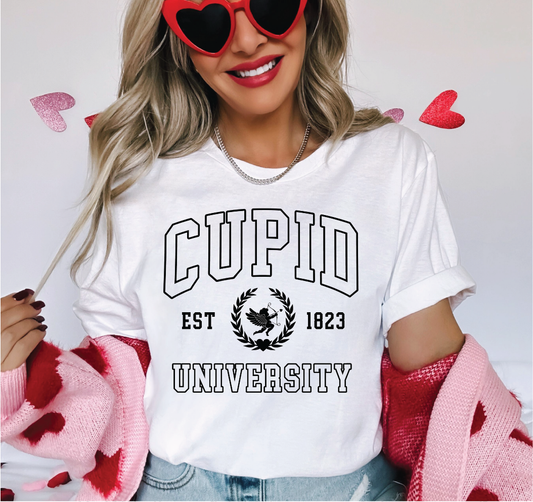 a woman wearing a cupid university t - shirt