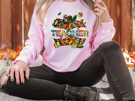 Teacher Leopard Print Colorful Fall Pumpkin Design Direct To Film (DTF) Transfer BluRidgeDesignCo