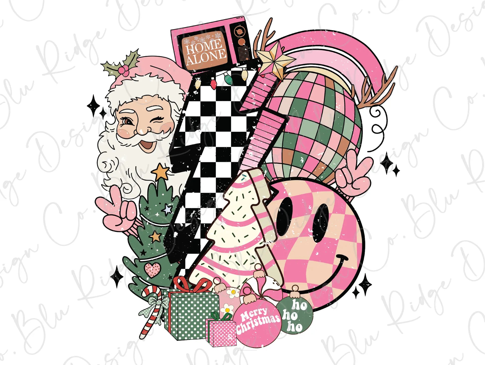 Pink Joys of Christmas Santa, Snack Cake, Presents Retro Lightning Bolt Direct To Film (DTF) Transfer BluRidgeDesignCo