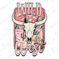 a cow skull with the word wild on it