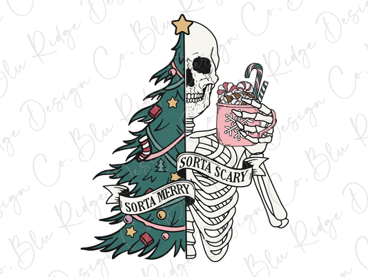 a skeleton holding a cake next to a christmas tree