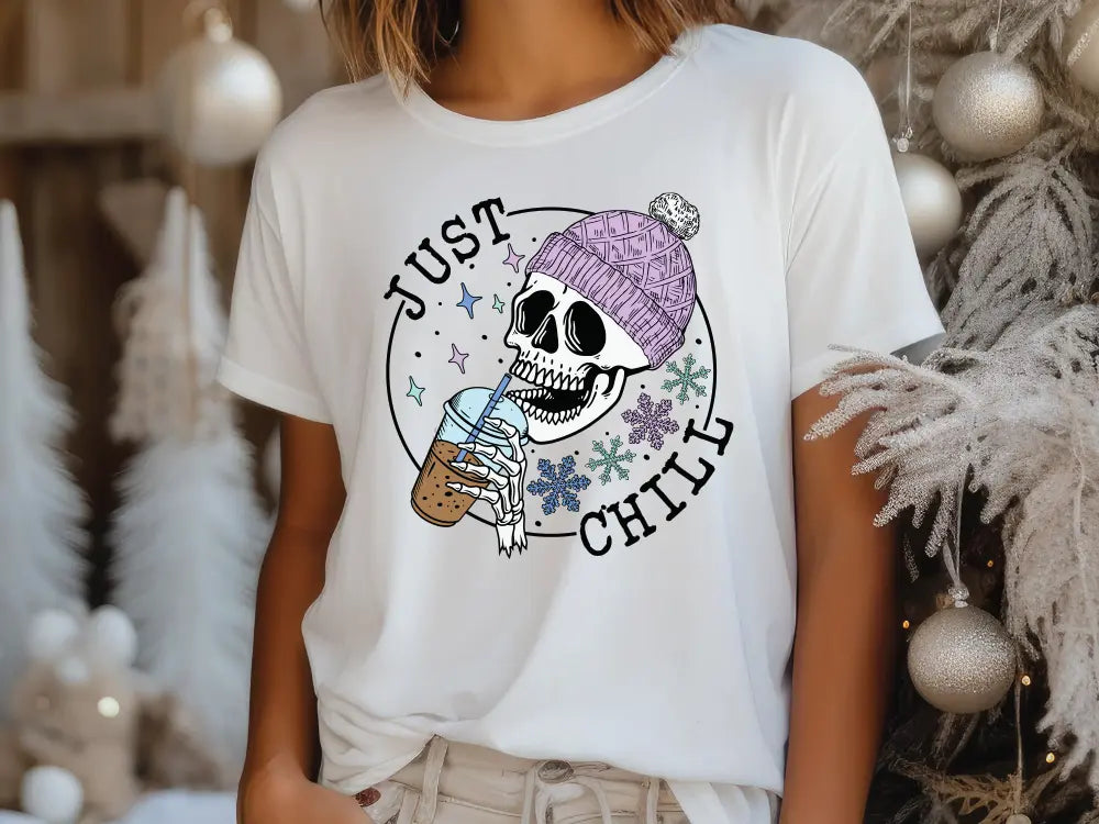 Just Chill Fall Skeleton Coffee Direct To Film (DTF) Transfer BluRidgeDesignCo