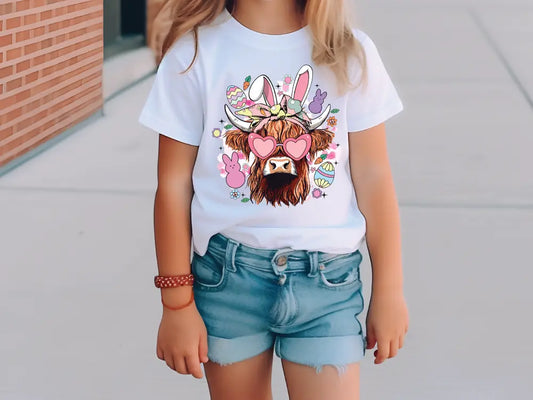 a little girl standing on a sidewalk wearing a t - shirt with a picture of