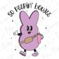 a purple bunny holding a pink cup and a baseball bat