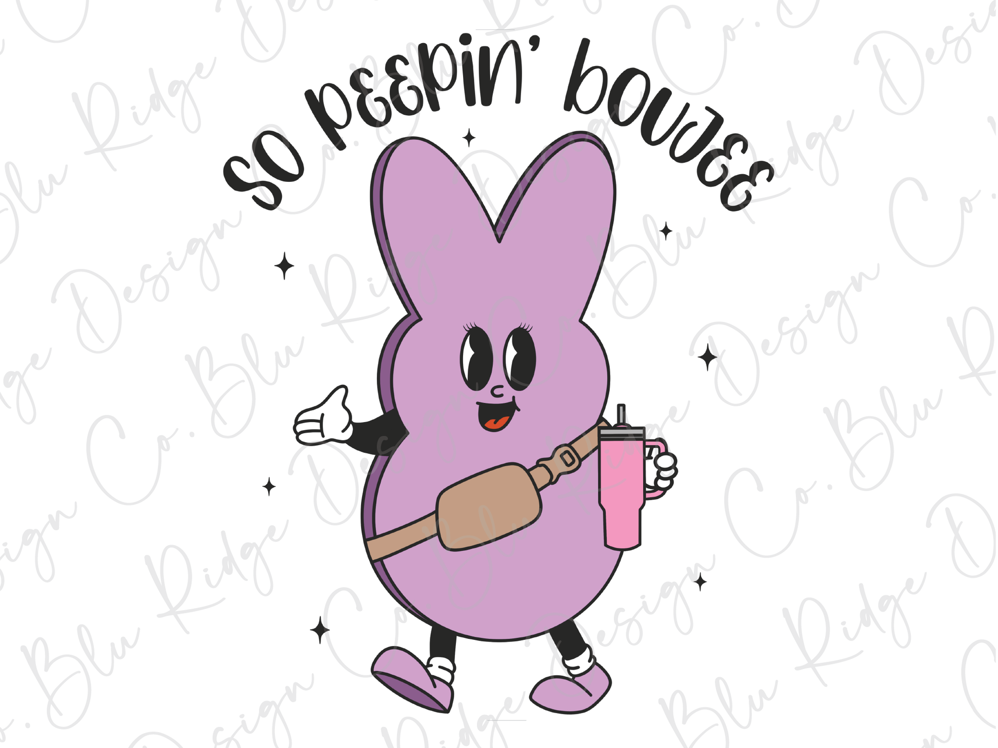 a purple bunny holding a pink cup and a baseball bat