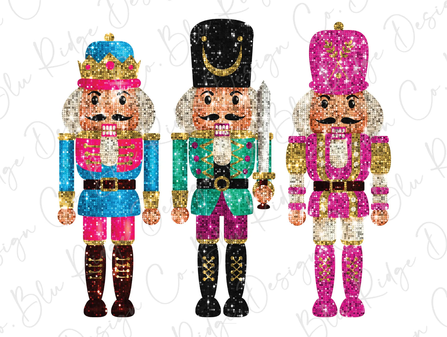 three nutcrackers in different colors and sizes