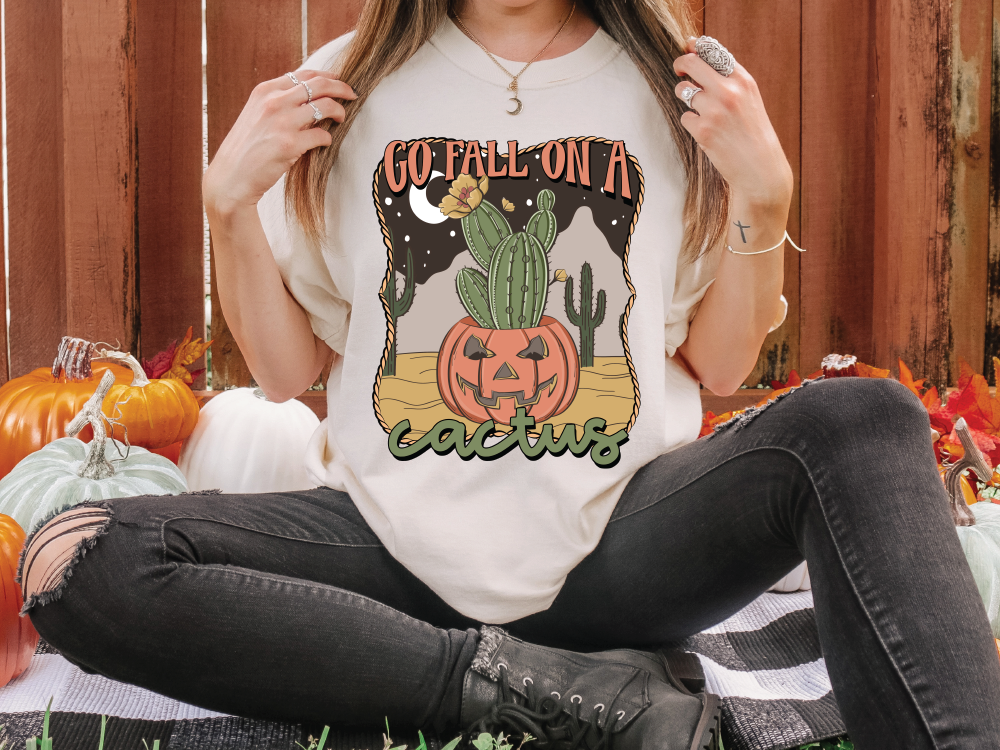 Go Fall on a Cactus Western Fall Halloween Pumpkin Desert Direct to Film (DTF) Transfer