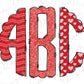 a red and white alphabet with hearts on it