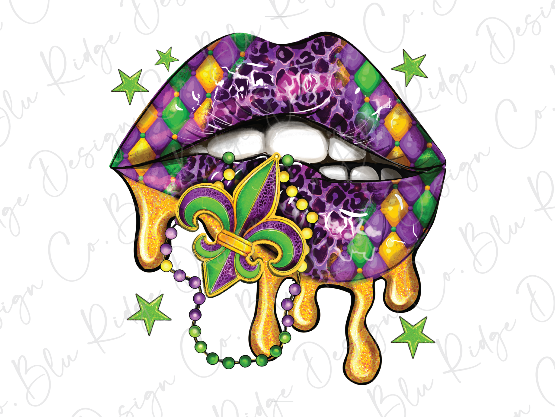 a drawing of a purple, green, and yellow lips with a mardi gr
