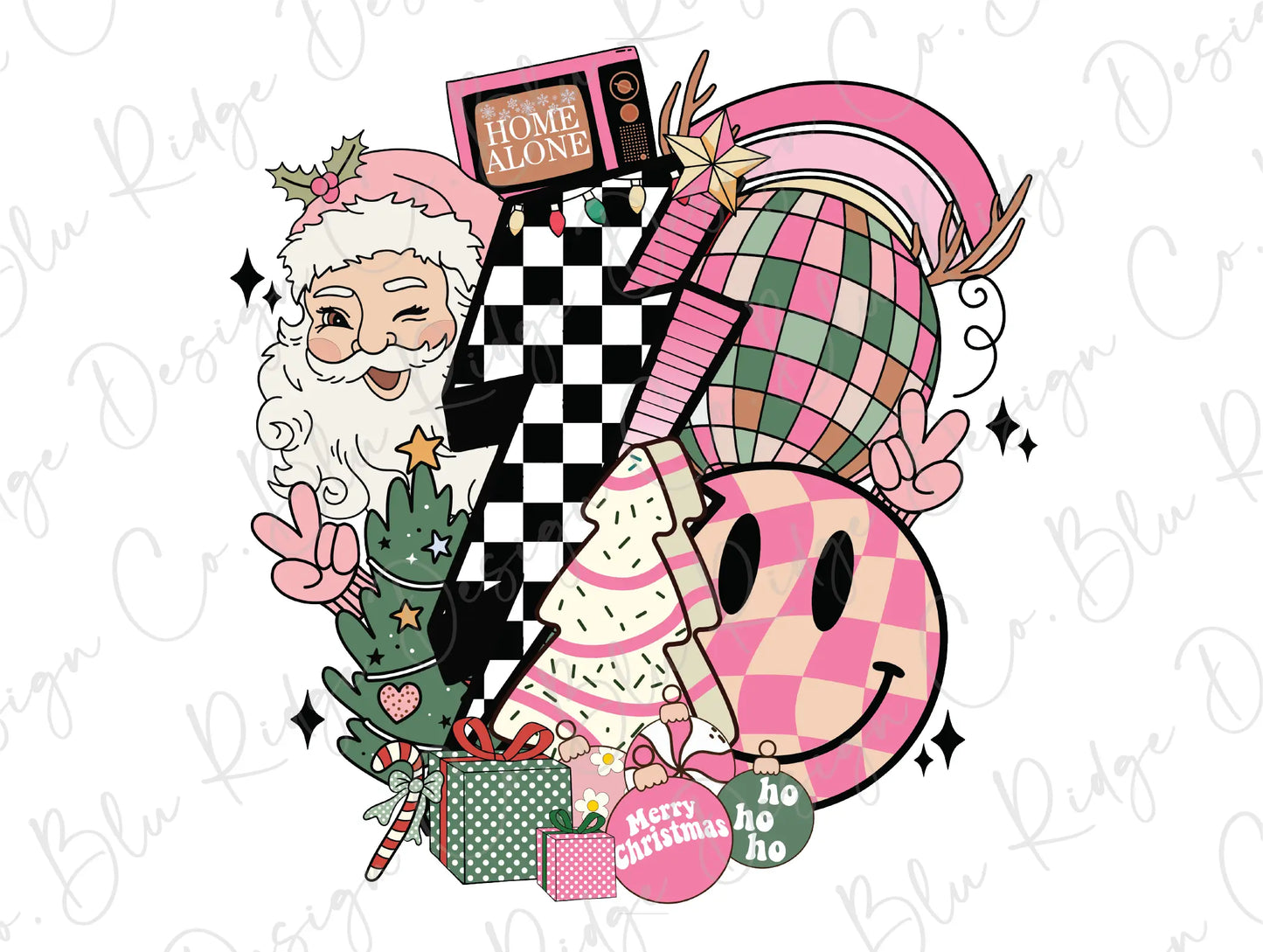 Pink Joys of Christmas Santa, Snack Cake, Presents Retro Lightning Bolt Direct To Film (DTF) Transfer