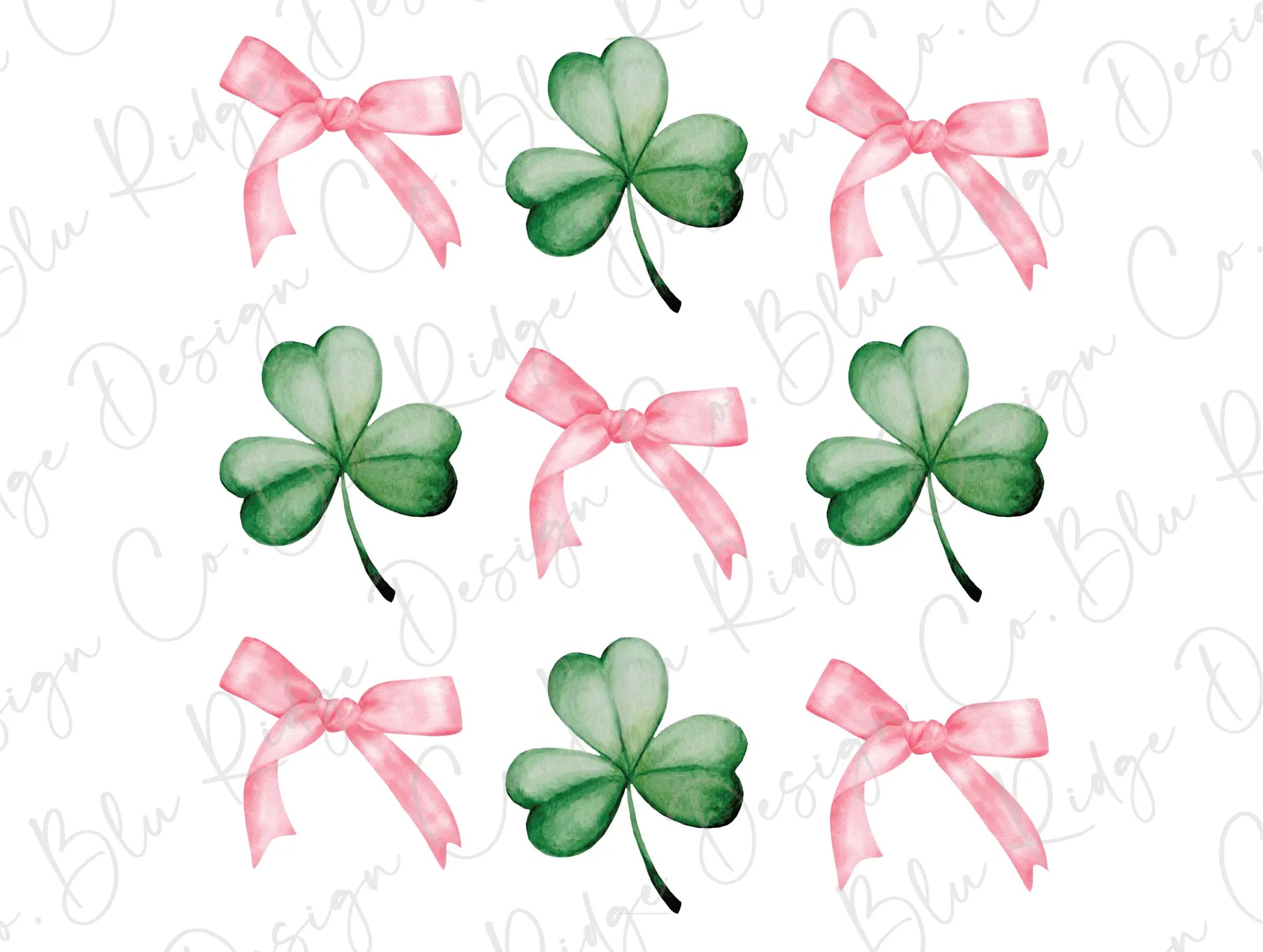 four leaf clovers with pink bows on a white background