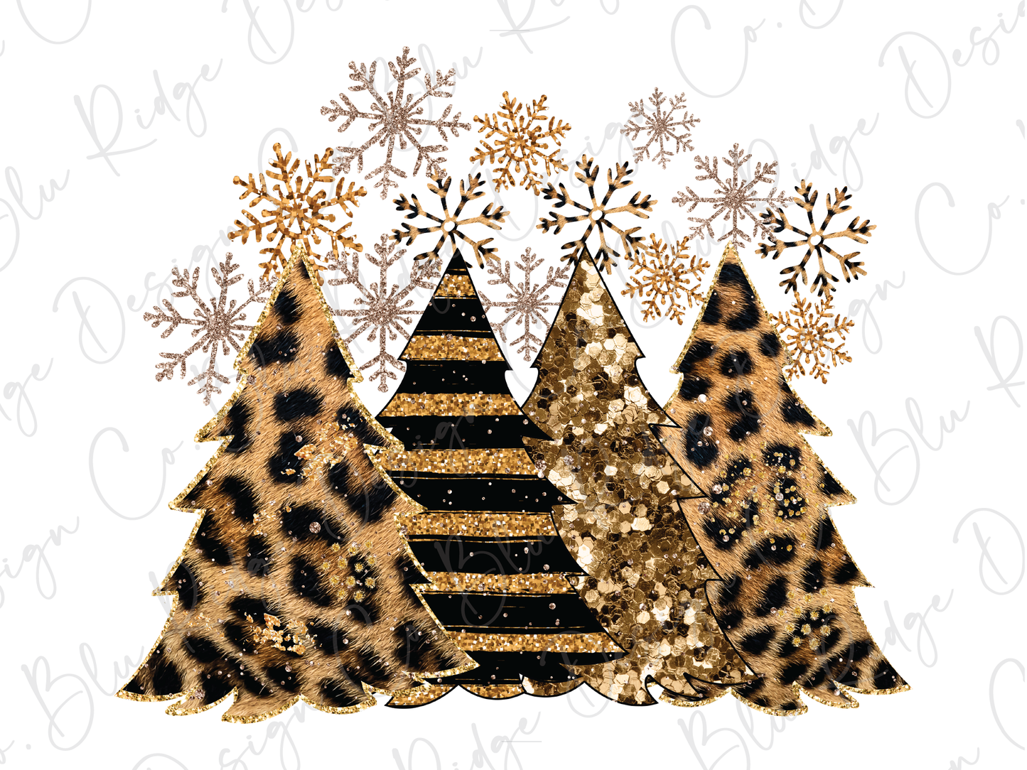 Gold Leopard Stripes Merry Christmas Trees with Snowflakes Direct To Film (DTF) Transfer