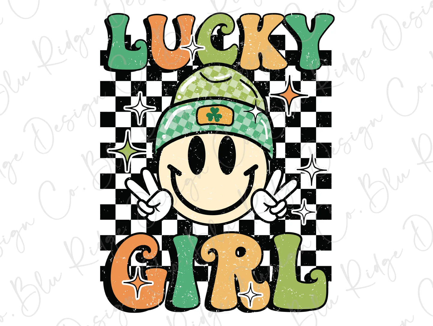 a cartoon character wearing a green hat with the words lucky girl on it