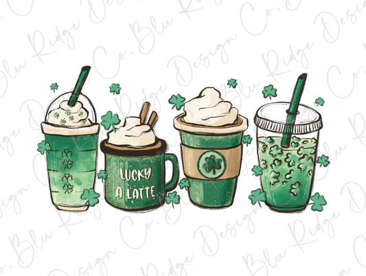 St Patricks Day Lucky Clover Coffee Latte Direct To Film (DTF) Transfer BluRidgeDesignCo