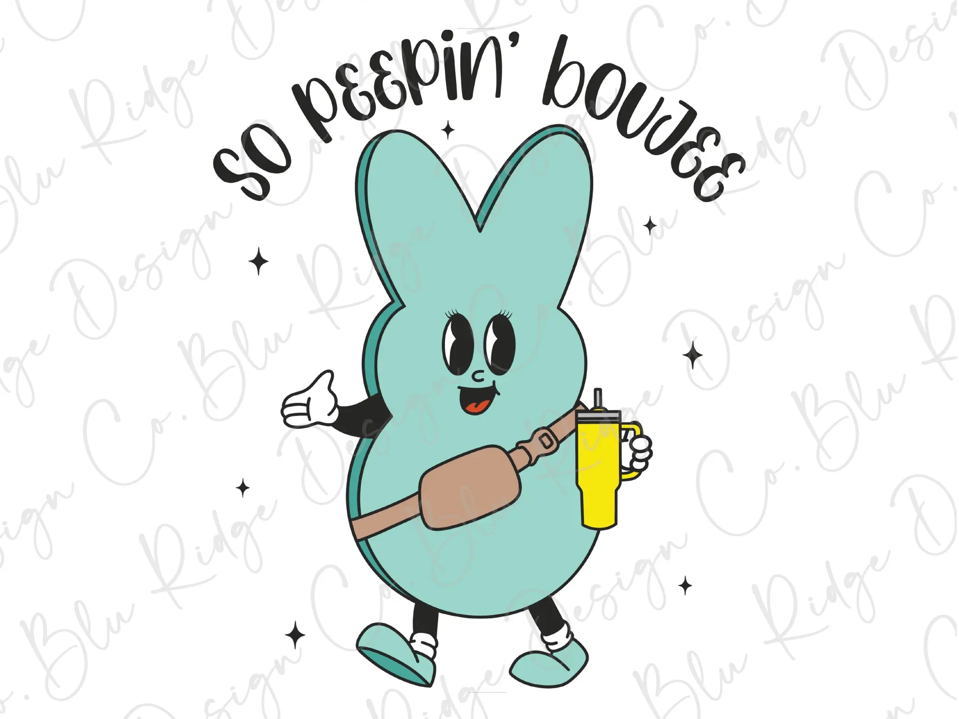 a blue bunny holding a cup of coffee