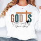 a woman wearing a white sweatshirt with the words god's written on it