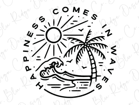 Happiness Comes in Waves Palm Tree Beach Sunset Direct to Film (DTF) Transfer BluRidgeDesignCo